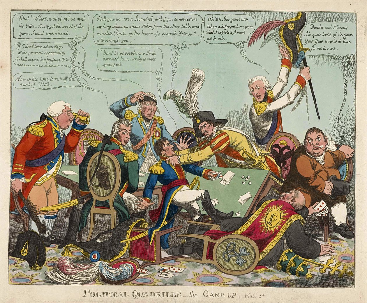Politikai Quadrille -- a Game Up, pub. 1806 (kézzel színezett metszet) alkotó: Charles Williams