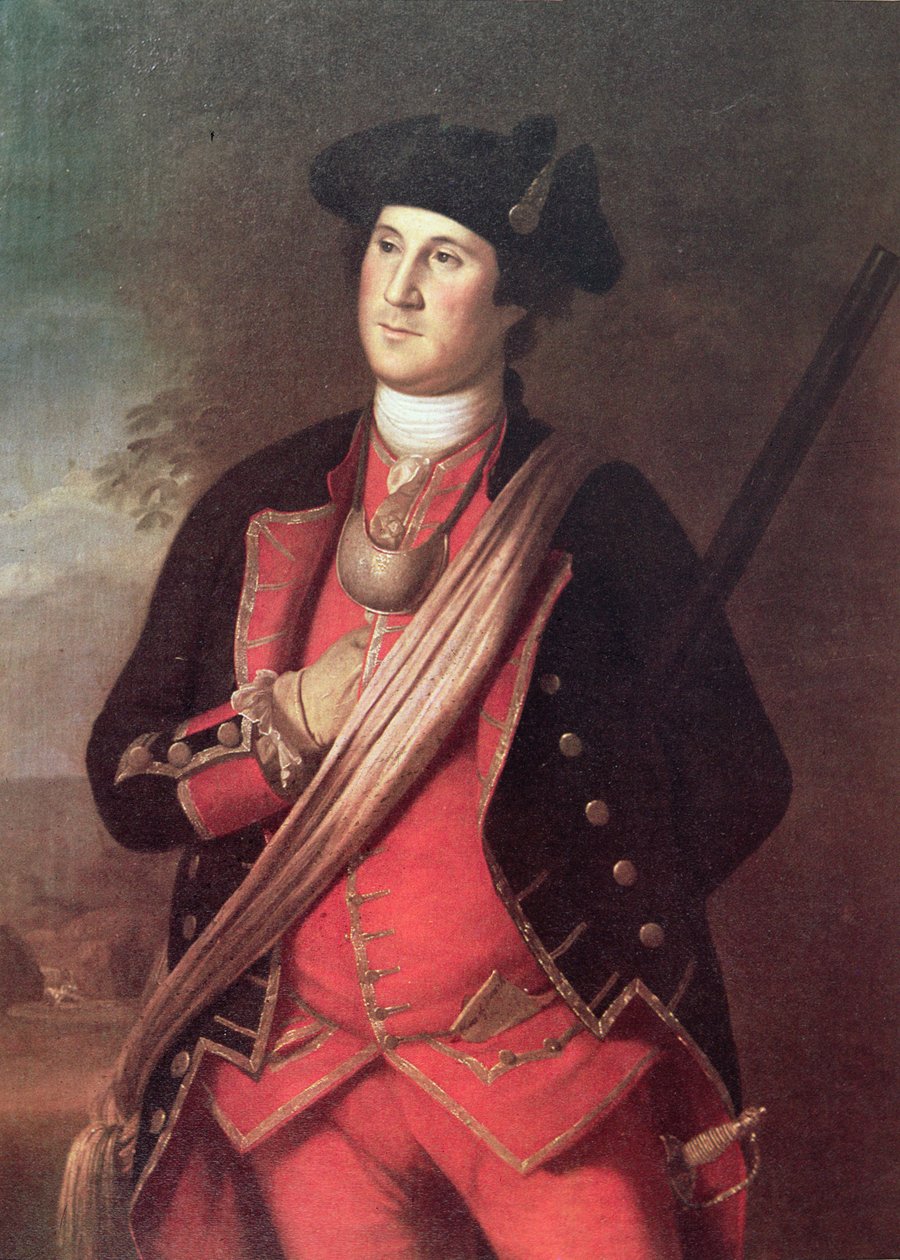 George Washington a Virginia Milícia ezredesének egyenruhájában a francia és indiai háború idején (1755-63) (színes litó) alkotó: Charles Willson (after) Peale