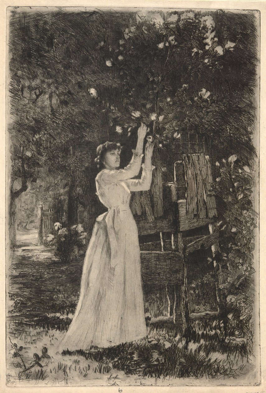 Egy fiatal nő virágot szed egy fáról alkotó: Charles Yardley Turner