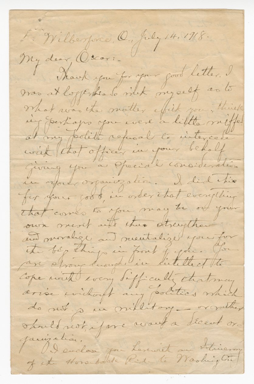 Charles Young ezredes levele Oscar W. Price-hoz, 1918. július 14. alkotó: Charles Young