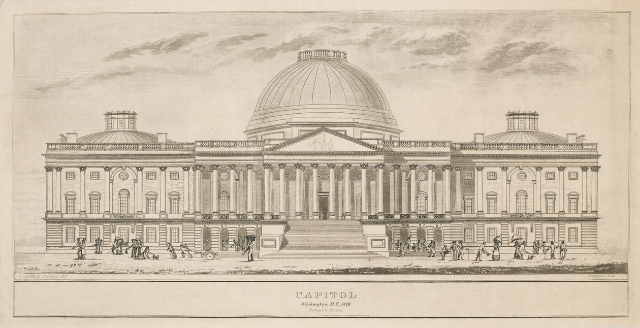 Capitol, Washington, D.C., metszett Henry és James Stone (virágzott 1822-1849), 1826 (akvatinta és vonalmetszet papíron) alkotó: Charles after Bulfinch