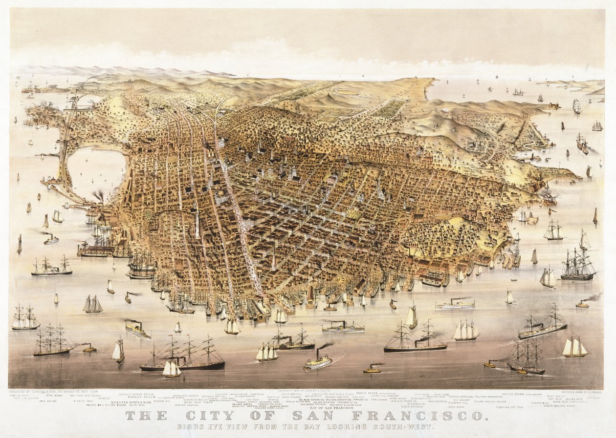 San Francisco városa, madártávlat az öbölből délnyugat felé, kiadó: Currier & Ives alkotó: Charles Richard Parsons