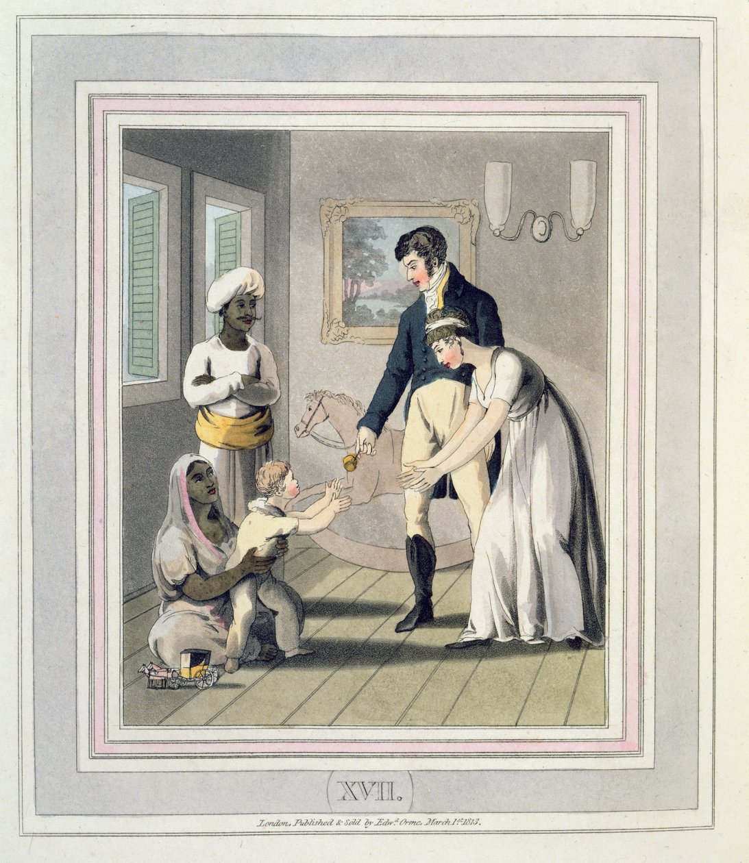 Egy európai hölgy és családja, egy Ayah vagy Nővér kíséretében, az 1813-ban megjelent „Az európai Indiában” 17. táblája (kézzel színezett akvatinta) alkotó: Charles d Oyly