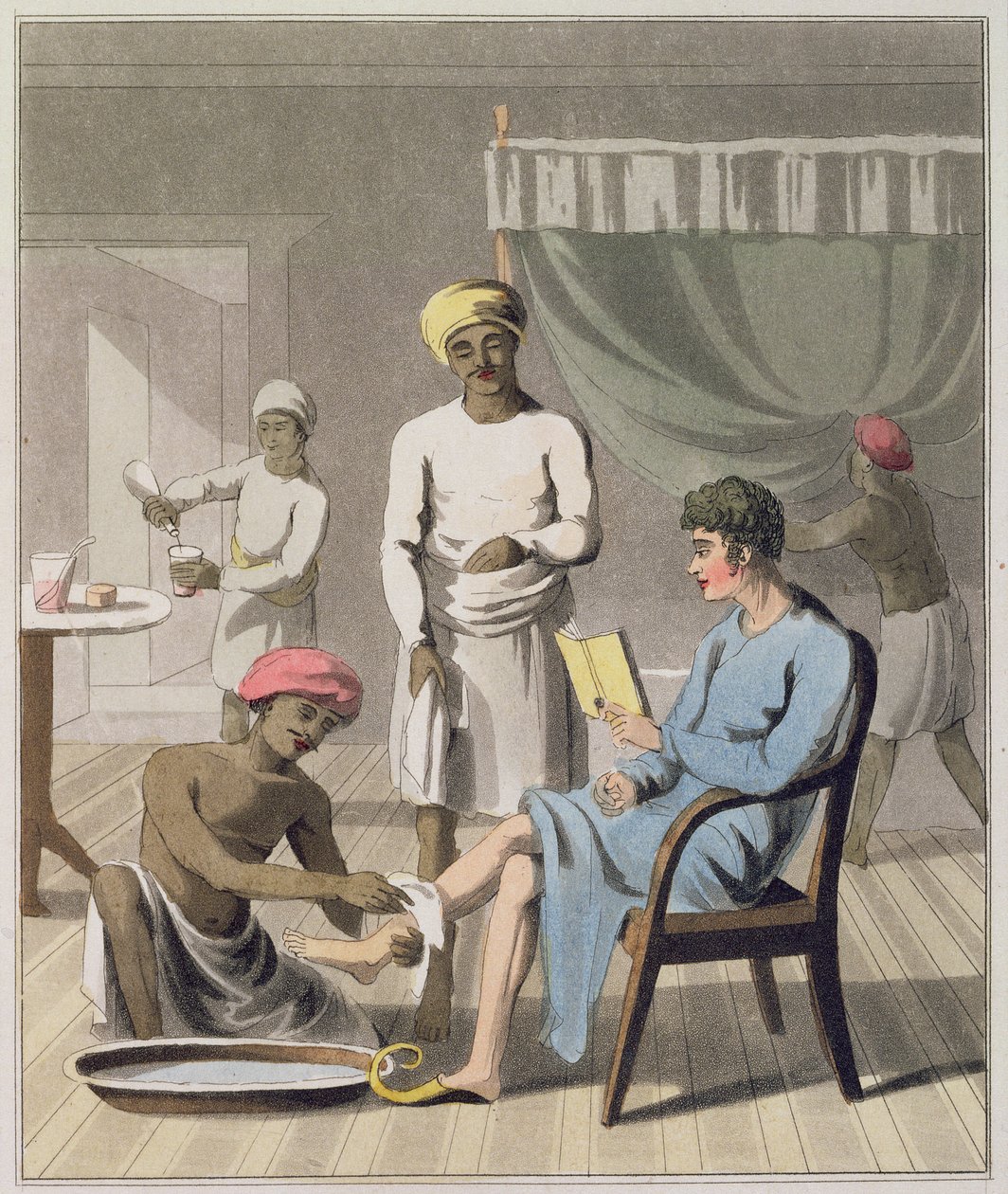 Egy Gentleman Dressing, amelyen részt vett a főhordozója és más szolgái, 4. tábla az „Az európai Indiában” című könyvből, 1813-ban (kézzel színezett akvatinta) alkotó: Charles d Oyly