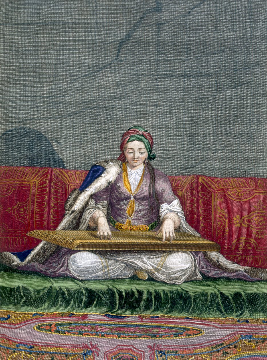 Török lány pengetős hangszeren játszik, kocsma. 1707-08. alkotó: Charles de Ferriol