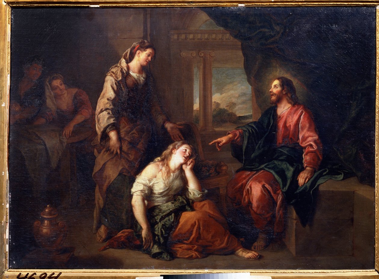 "Krisztus Mártában és Máriában" (Krisztus Márta és Mária házában). Szent Márta, Jézus Krisztus női tanítványa és nővére, Marie de Bethanie. Charles de La Fosse (1636-1716) festménye Puskin Múzeum, Moszkva alkotó: Charles de la Fosse