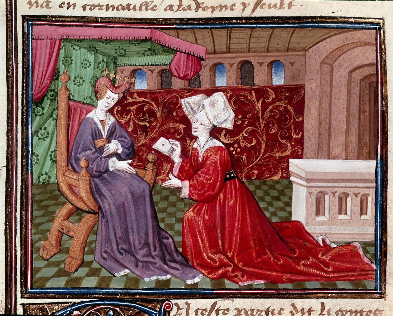 Egy szolgálólány, aki Iseut királynőnek (vagy Isultnak) írt levelet visel. Miniatűr, amelyet a maine-i Charles mester "" Romanesque du Chevalier Tristan"-ból vett fel, 1440-1460. Chantilly, Conde Múzeum alkotó: Charles du Maine Master