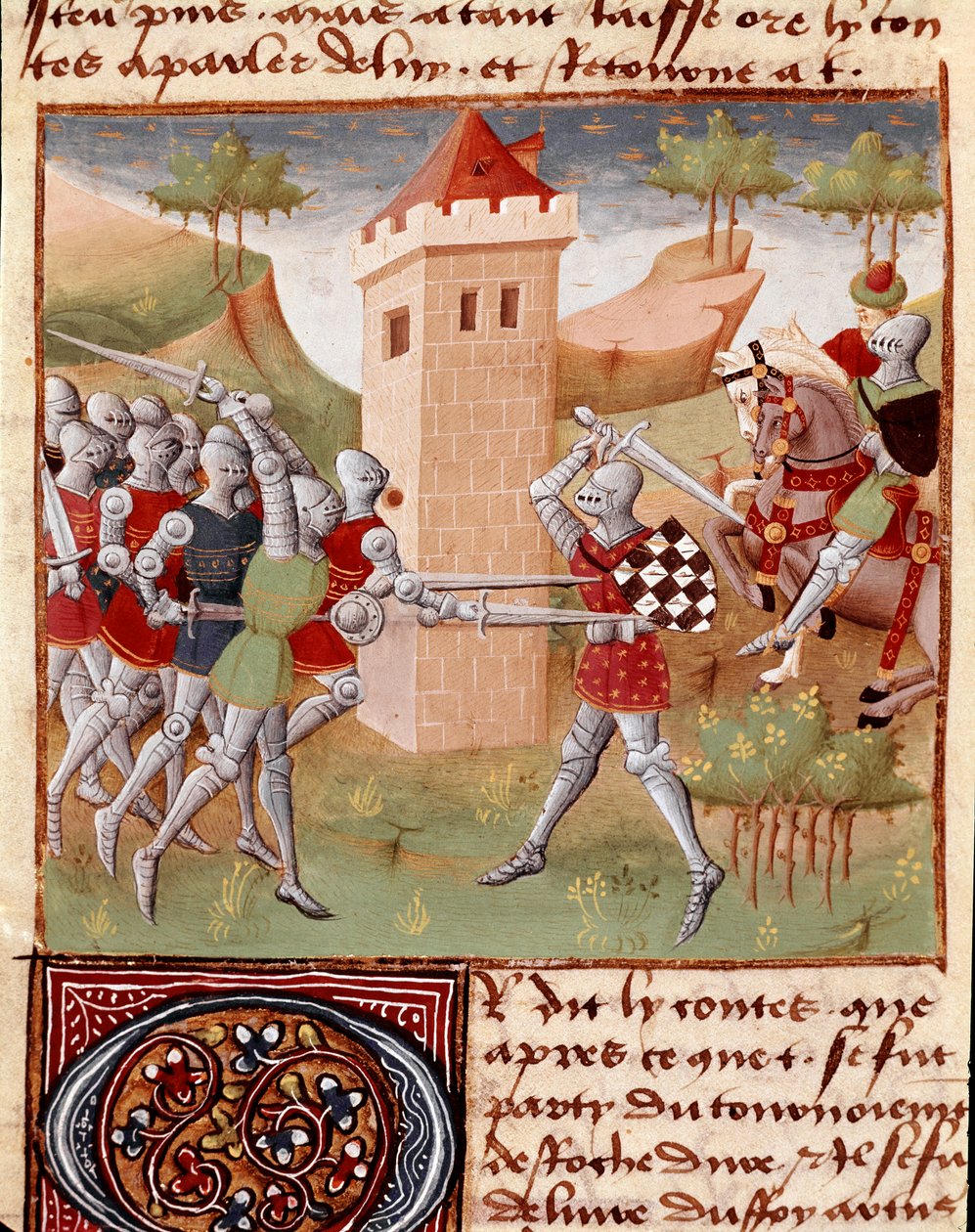 Lancelot du Lac harcoló lovagok Miniatűr, amelyet Charles de Maine mester „” Roman du Chevalier Tristan”-jából vett (Beroul változat). 1440-1460. Chantilly, Condé Múzeum alkotó: Charles du Maine Master