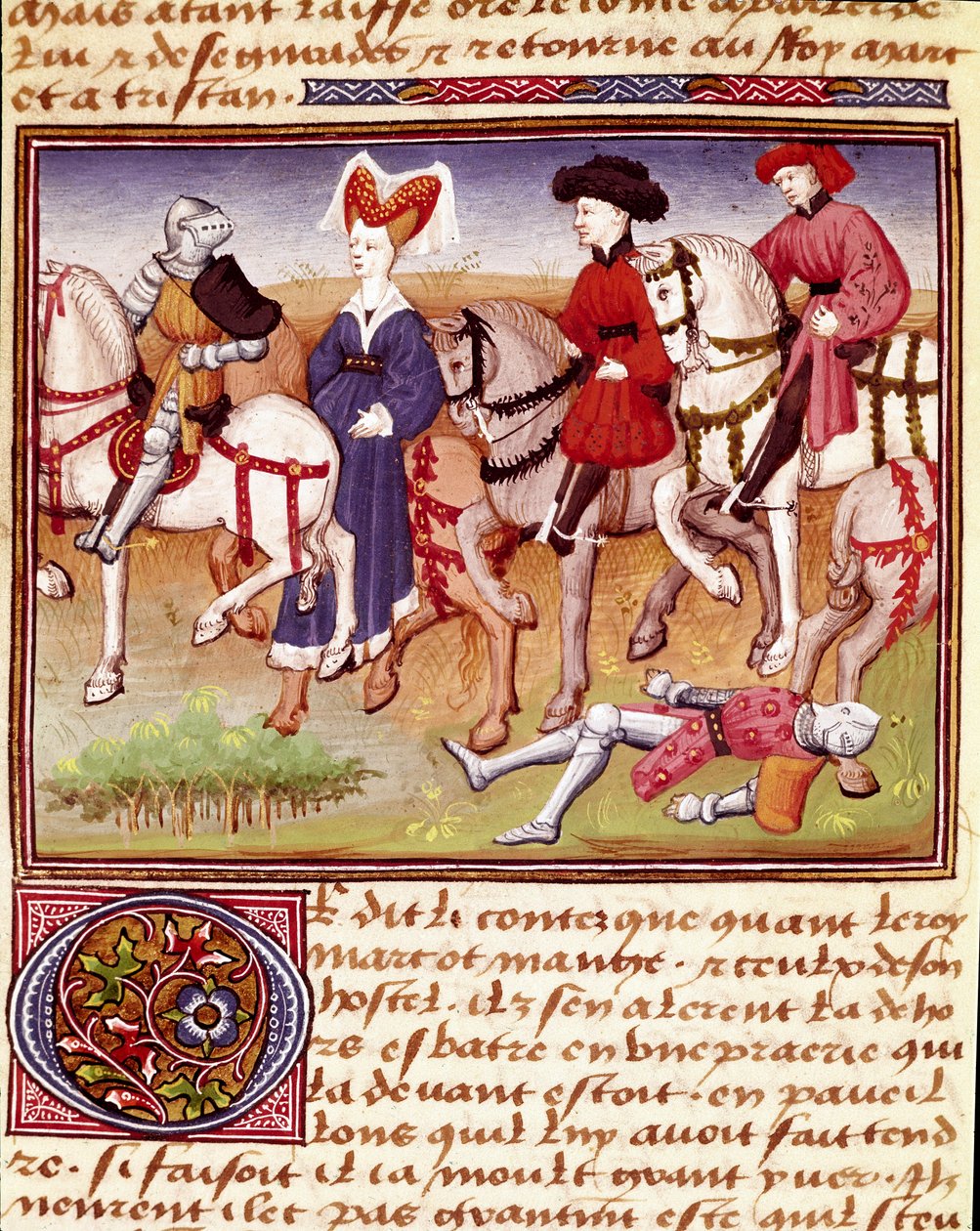 Queen Iseut (vagy Iseult) egy miniatűr lovasok kíséretében, akiket a Maine-i Károly mester 1440-1460-ban a „román du Chevalier Tristan”-ból rajzolt. Chantilly, Conde Múzeum alkotó: Charles du Maine Master