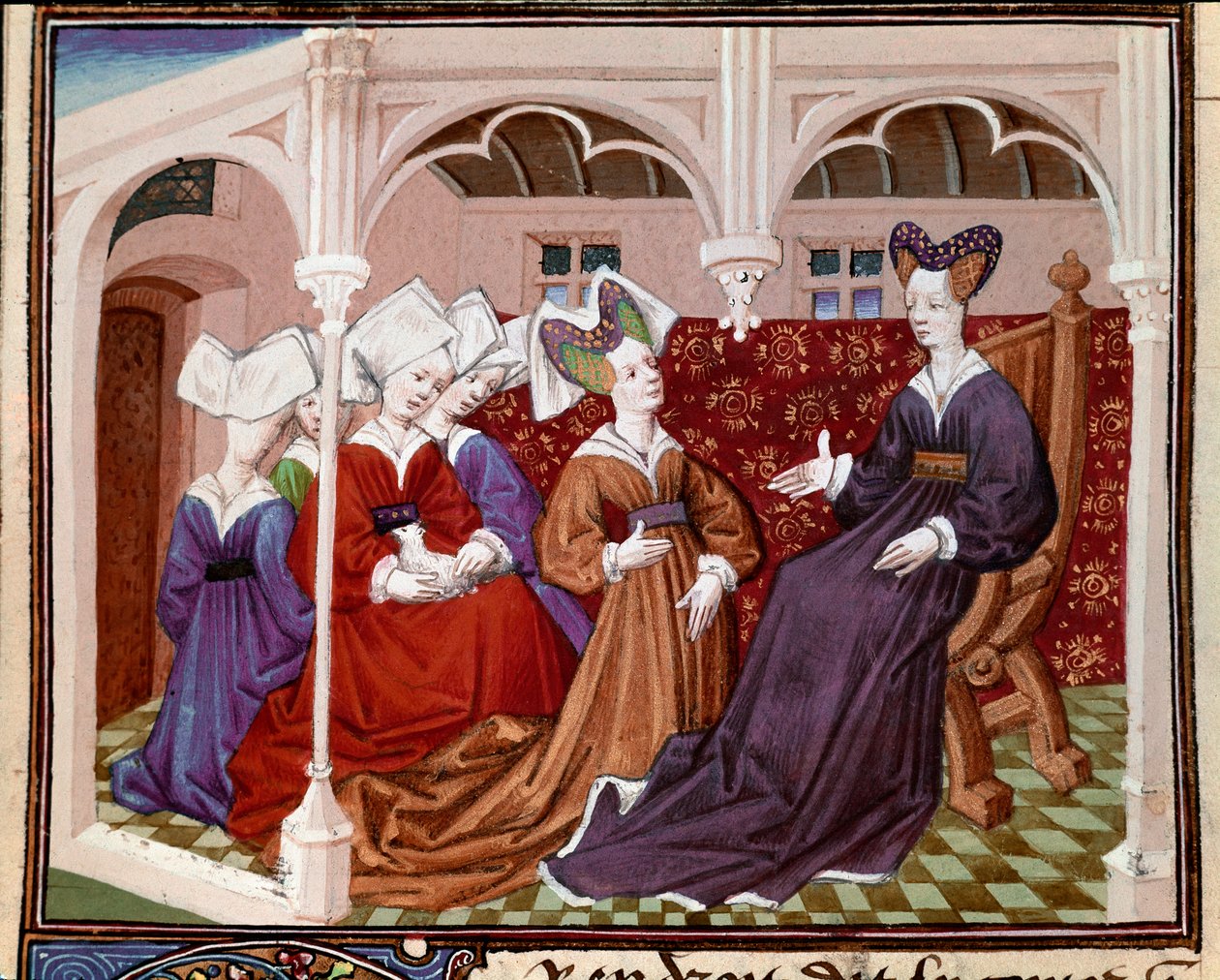 Iseult királynő (vagy Iseult) miniatűr társaival beszélget a Maine-i Károly mester 1440-1460 közötti „" Tristan lovag romantikája" című filmből. Chantilly, Conde Múzeum alkotó: Charles du Maine Master