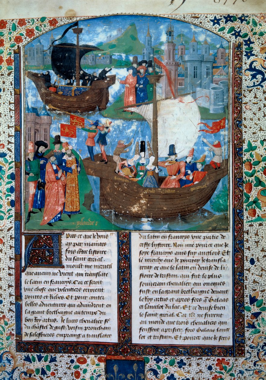Tristan és Iseult (Isolde vagy Yseult) elhagyják Írországot, Tristan megissza a szerelmi szűrőt. Két holttestüket visszahozzák Írországba. Miniatűr kéziratból ms. 103 f.1 Tristan regénye”” címet a maine-i Charles mesternek tulajdonították. 15. század alkotó: Charles du Maine Master