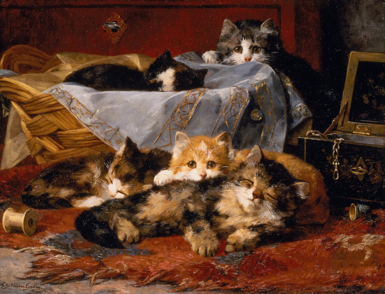 Kiscicák varrókosár mellett (olaj, vászon) alkotó: Charles van den Eycken