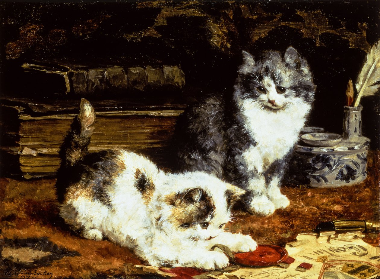 Két cica játszik az asztalon alkotó: Charles van den Eycken
