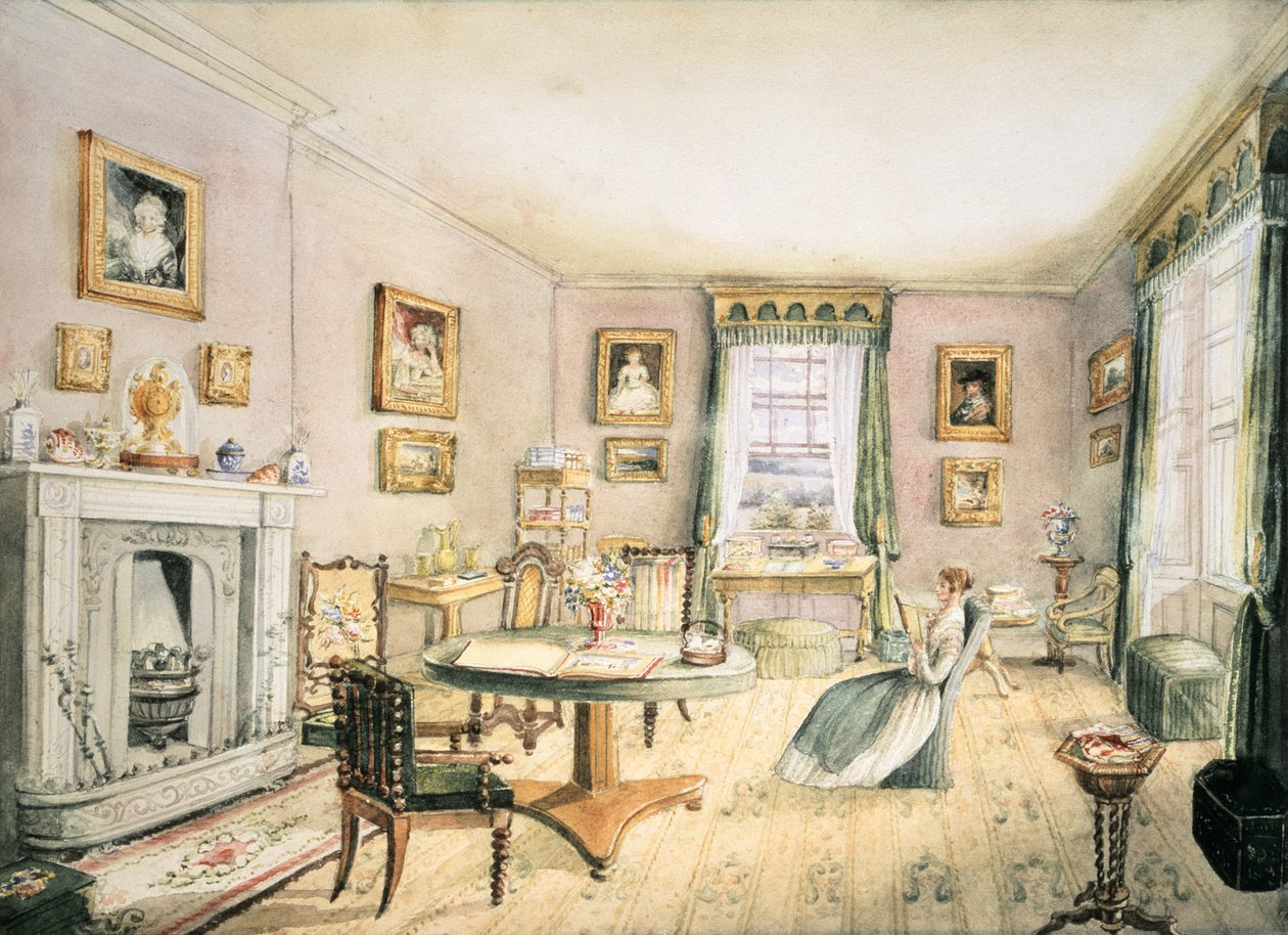 The Drawing Room, East Wood, Hay, f54 az Interiors albumból, 1843 alkotó: Charlotte Bosanquet