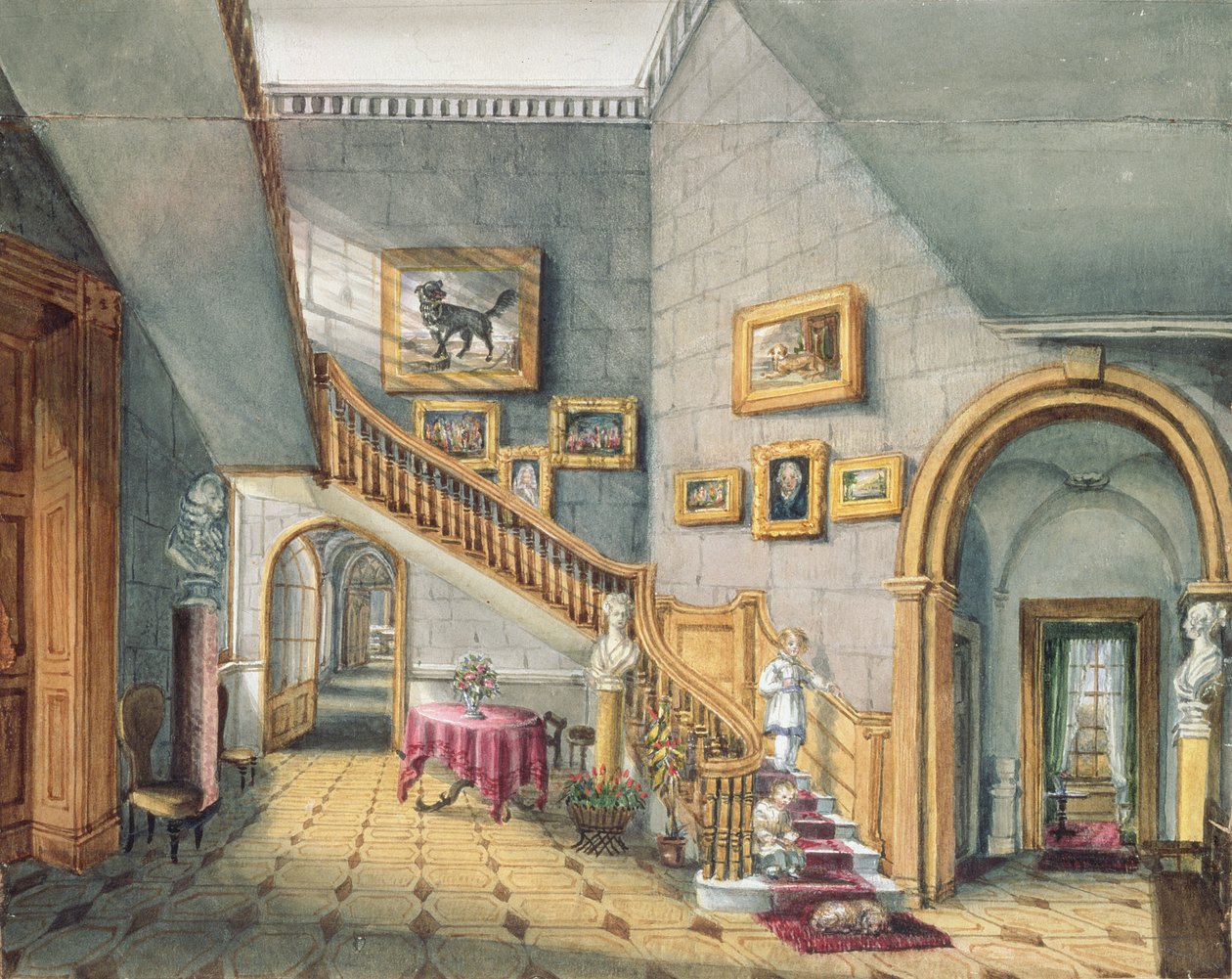 The Staircase, Strood Park, f26 az An Album of Interiors, 1843-ból alkotó: Charlotte Bosanquet
