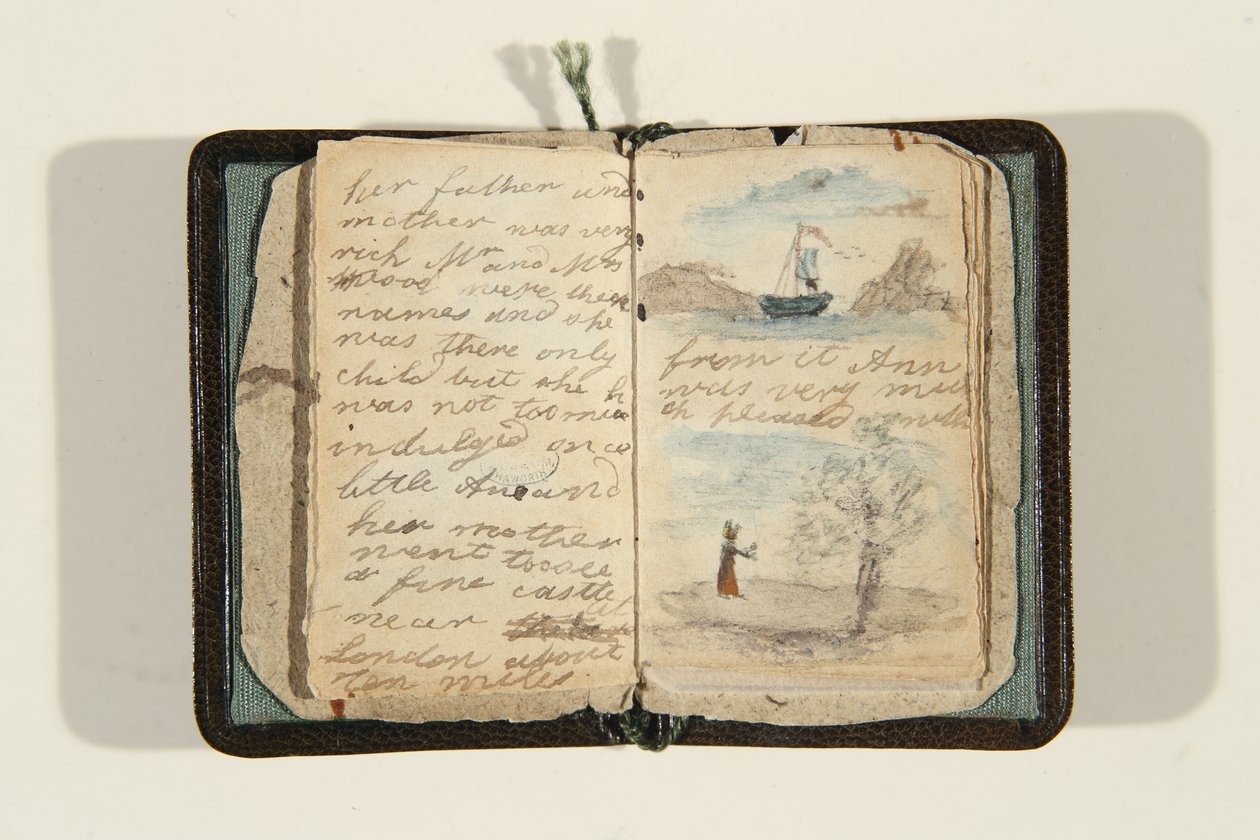 A történet kezdete „Volt egyszer egy kislány, Ane-nek hívták, 1828 körül (toll, tinta és akvarell papíron) alkotó: Charlotte Bronte