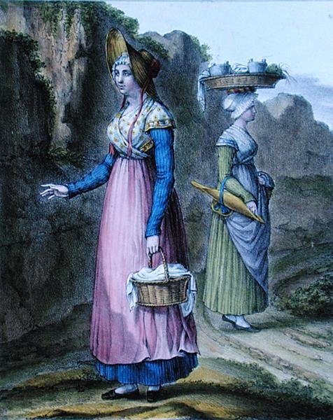 Lyon környéki parasztlányok, 2. tábla a "Suite de Costumes"-ból, 1845 körül (színes litográfia) alkotó: Charpentier