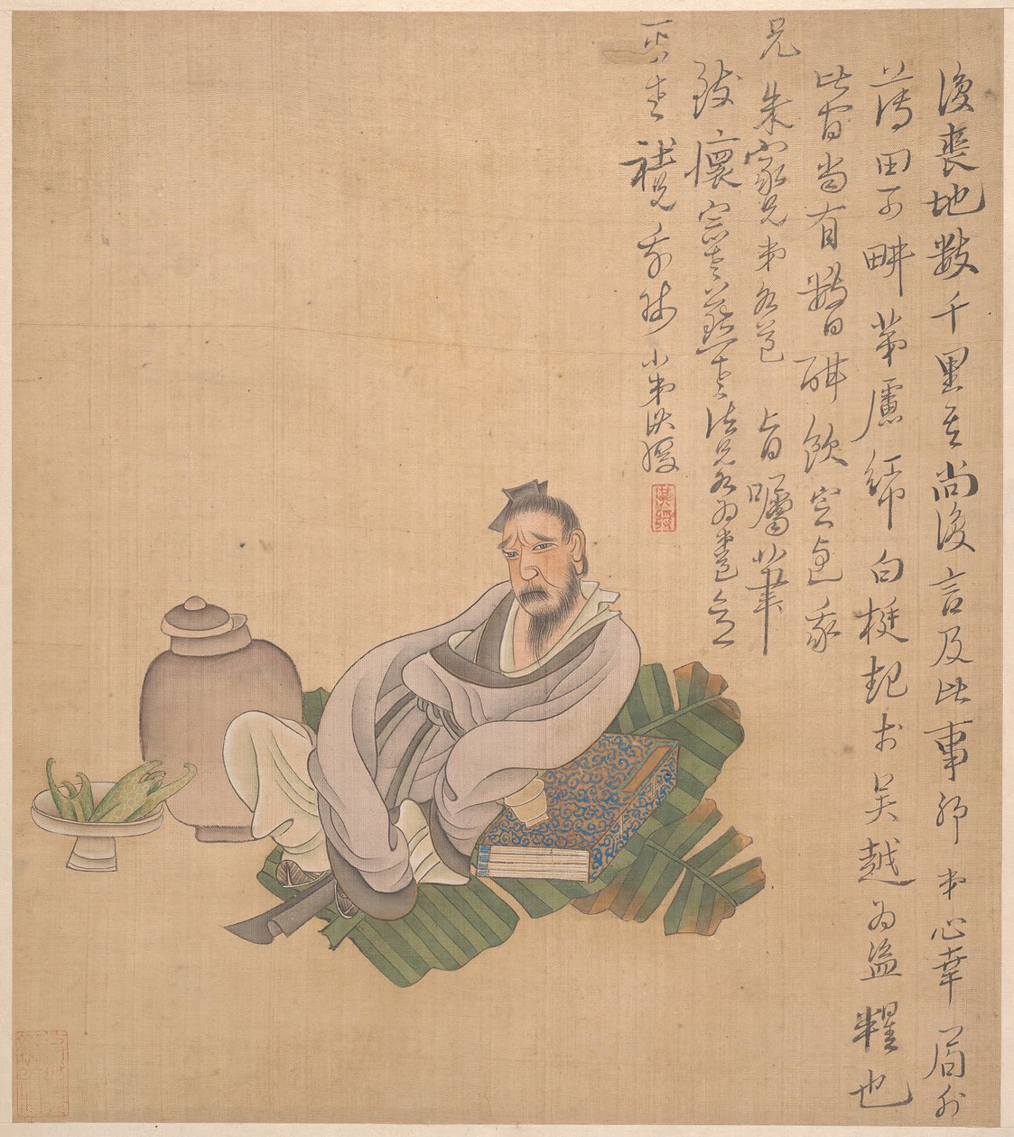Figurák, virágok és tájképek, az egyik levél 1627-ből származik. alkotó: Chen Hongshou