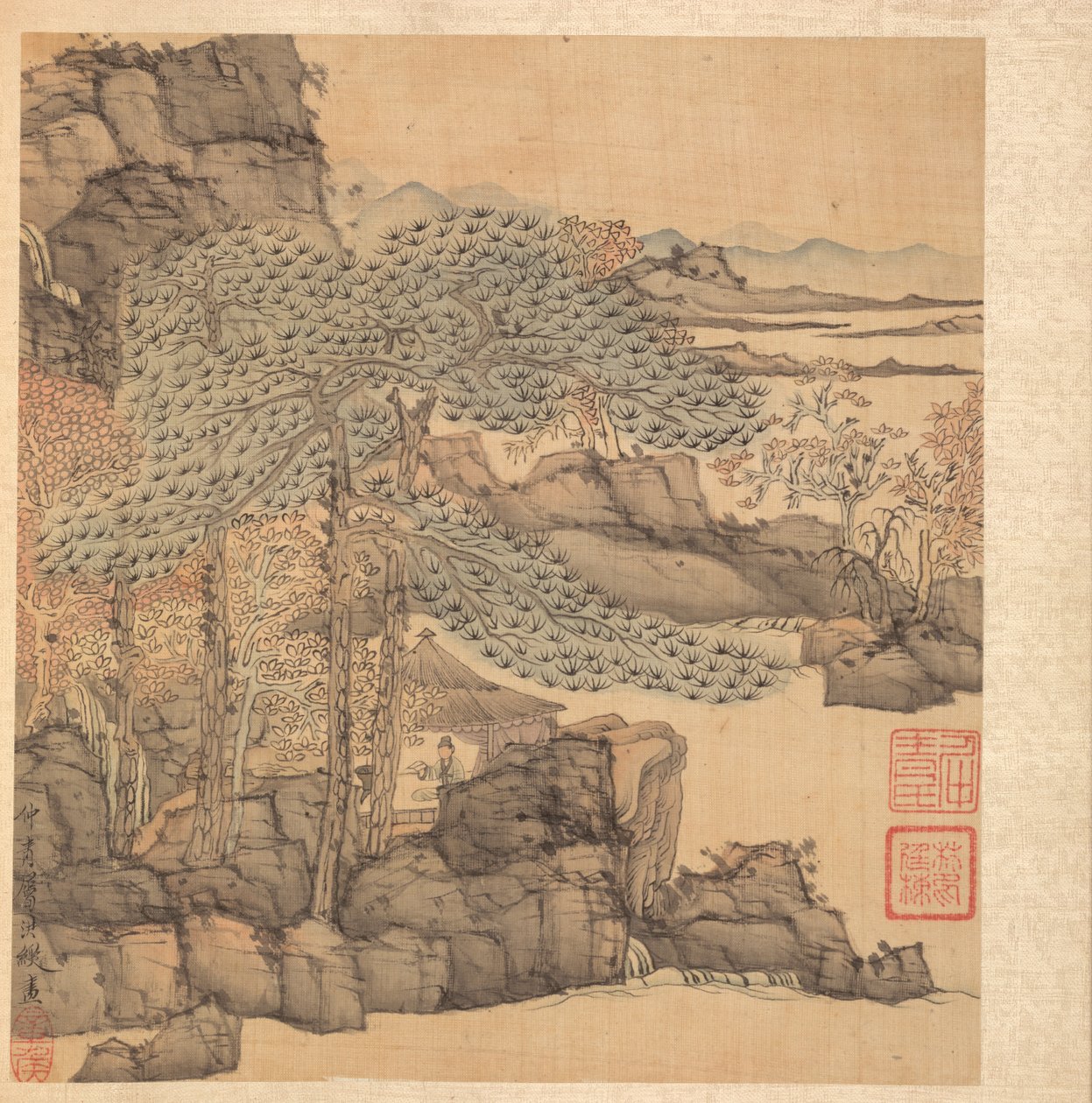 Festmények az ókori mesterekről: Tudós olvasás egy vízesés melletti nádfedeles kunyhóban, 1598-1652. alkotó: Chen Hongshou