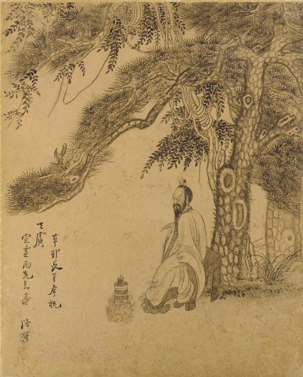 Elixír készítése egy fenyő alatt, Qing-dinasztia, 1651 (tinta arany papíron) alkotó: Chen Hongshou
