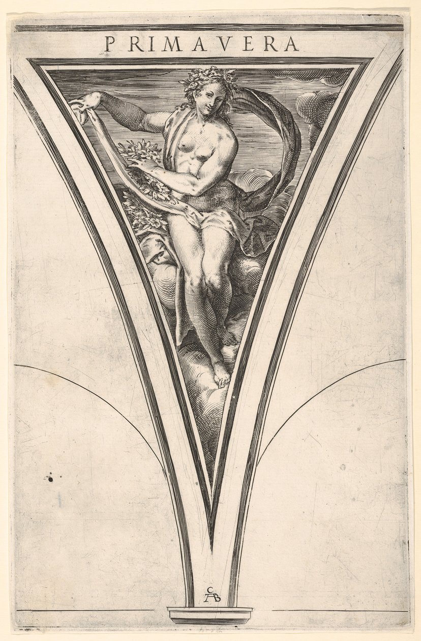 A tavaszi Primavera gomolygó kendőt és füzéreket viselő nőként ábrázolt..., kb. 1570-1615. alkotó: Cherubino Alberti