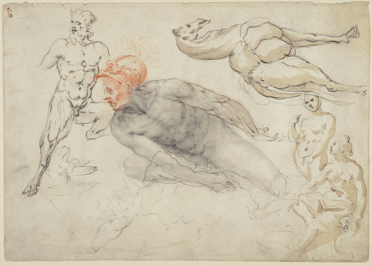 Férfi és női aktok, egy szatír és egy teve tanulmányai (recto); Marcus Aurelius szobra (verso). alkotó: Cherubino Alberti