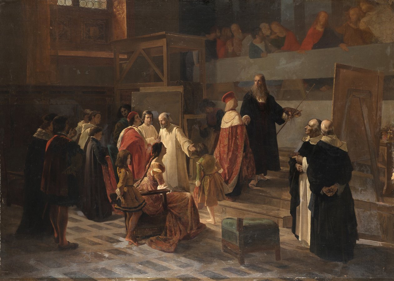 Ludovico il Moro meglátogatja Leonardo da Vincit a Santa Maria delle Grazie kolostor refektóriumában alkotó: Cherubino Cornienti