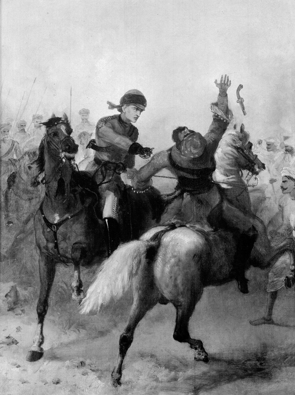 John Watson hadnagy, az 1. pandzsábi lovasságból, megnyerte a Victoria-keresztet Lucknowban az indiai lázadás során 1857. november 14-én alkotó: Chevalier Louis William Desanges