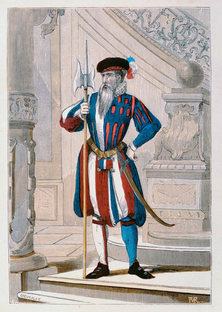 Az 1586-os király svájci gárdája, illusztrációja Augustin Challamel „Costumes Civils et Militaires Francais a travers les siecles” című művéből, 1881 alkotó: Chevrolat