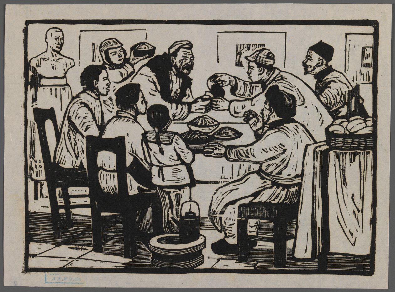 Igyunk egy italt, hogy megünnepeljük a szilvesztert, 1945 körül (fametszet) alkotó: Chi Kwei Sung