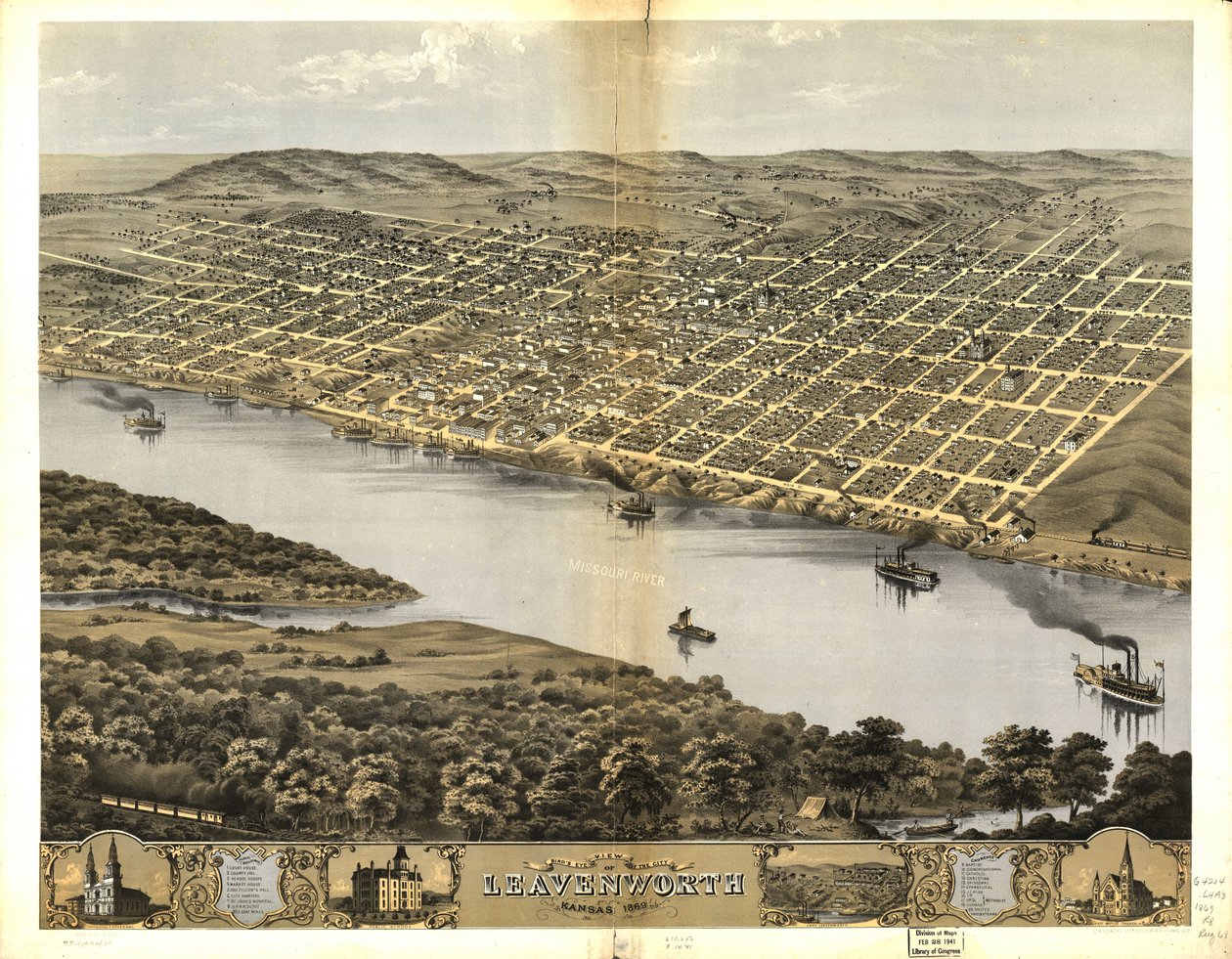 Madártávlatból Leavenworth városa, Kansas, 1869 alkotó: Chicago Lithographing Co.