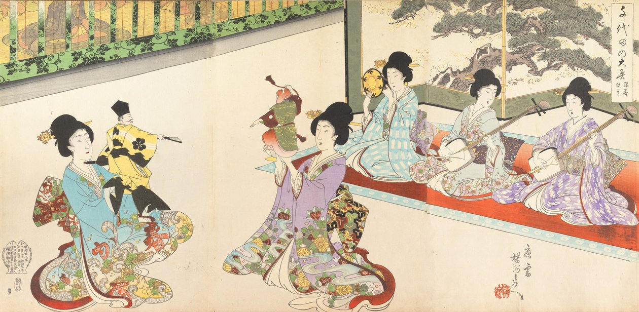 Ladies in Waiting of the Chiyoda Castle: Sword Practice and Puppet Kyogen, 1895., 1895. alkotó: Chikanobu Yoshu