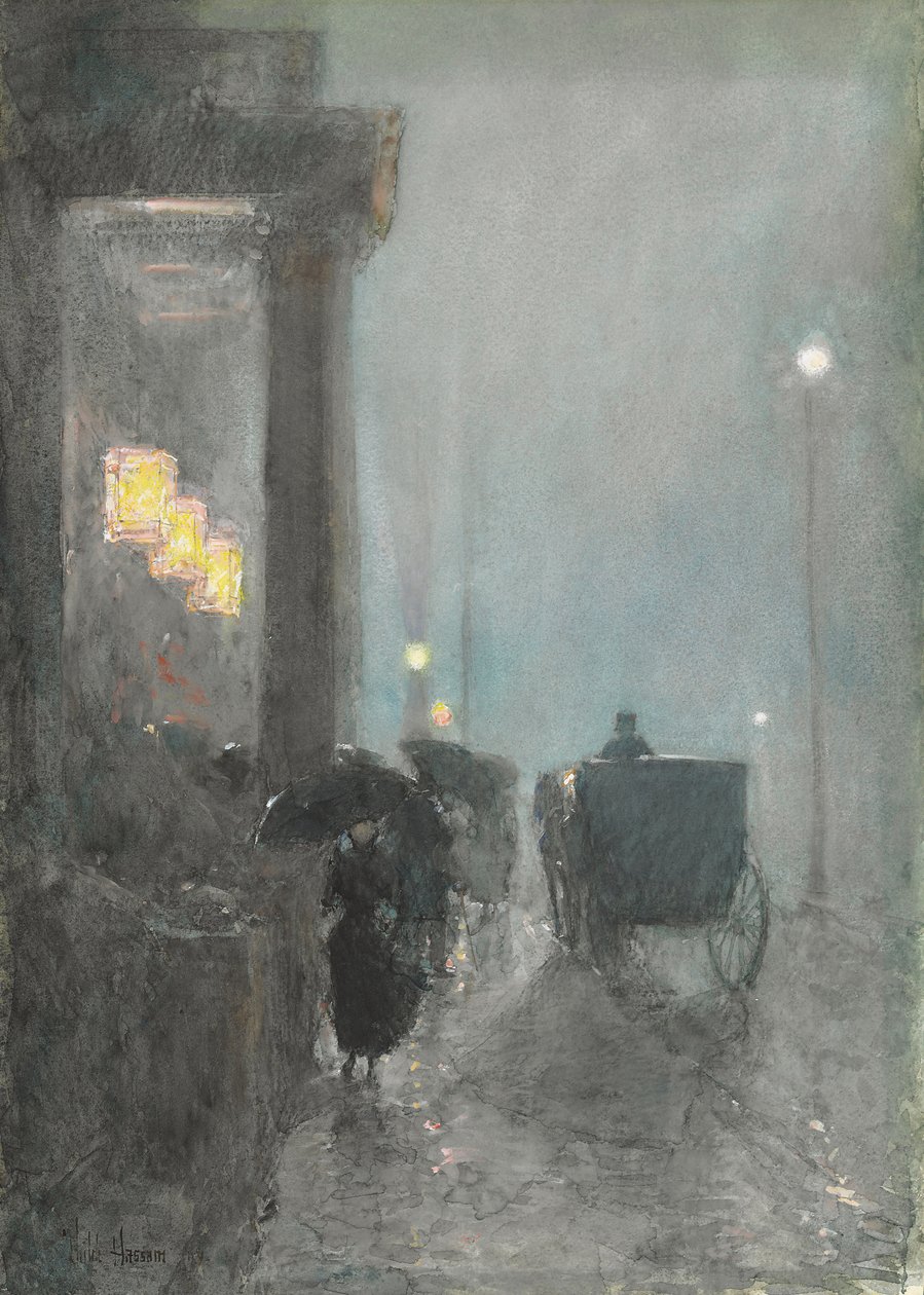 Fifth Avenue, Este, 1890-93 körül (akvarell, gouache és pasztell papíron) alkotó: Childe Frederick Hassam