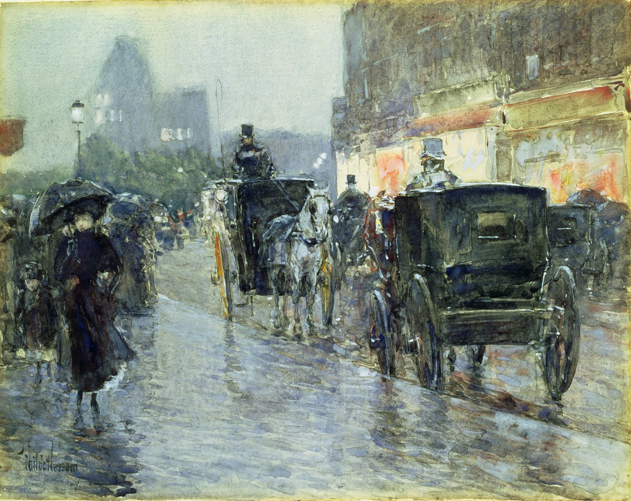 Lóhúzott taxik az estében, New York, 1890 körül (akvarell és gouache papíron) alkotó: Childe Frederick Hassam