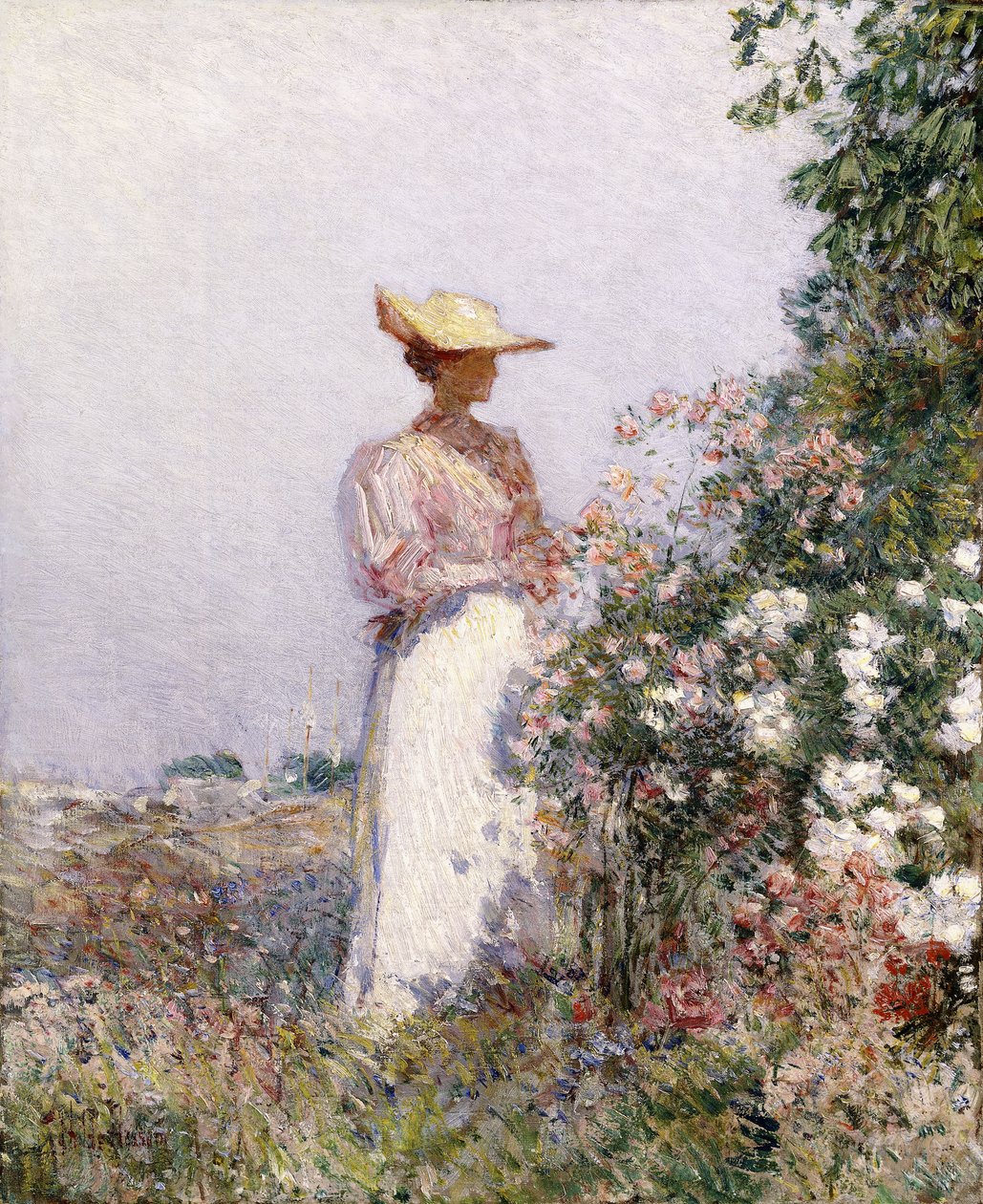 Hölgy a virágos kertben alkotó: Childe Frederick Hassam