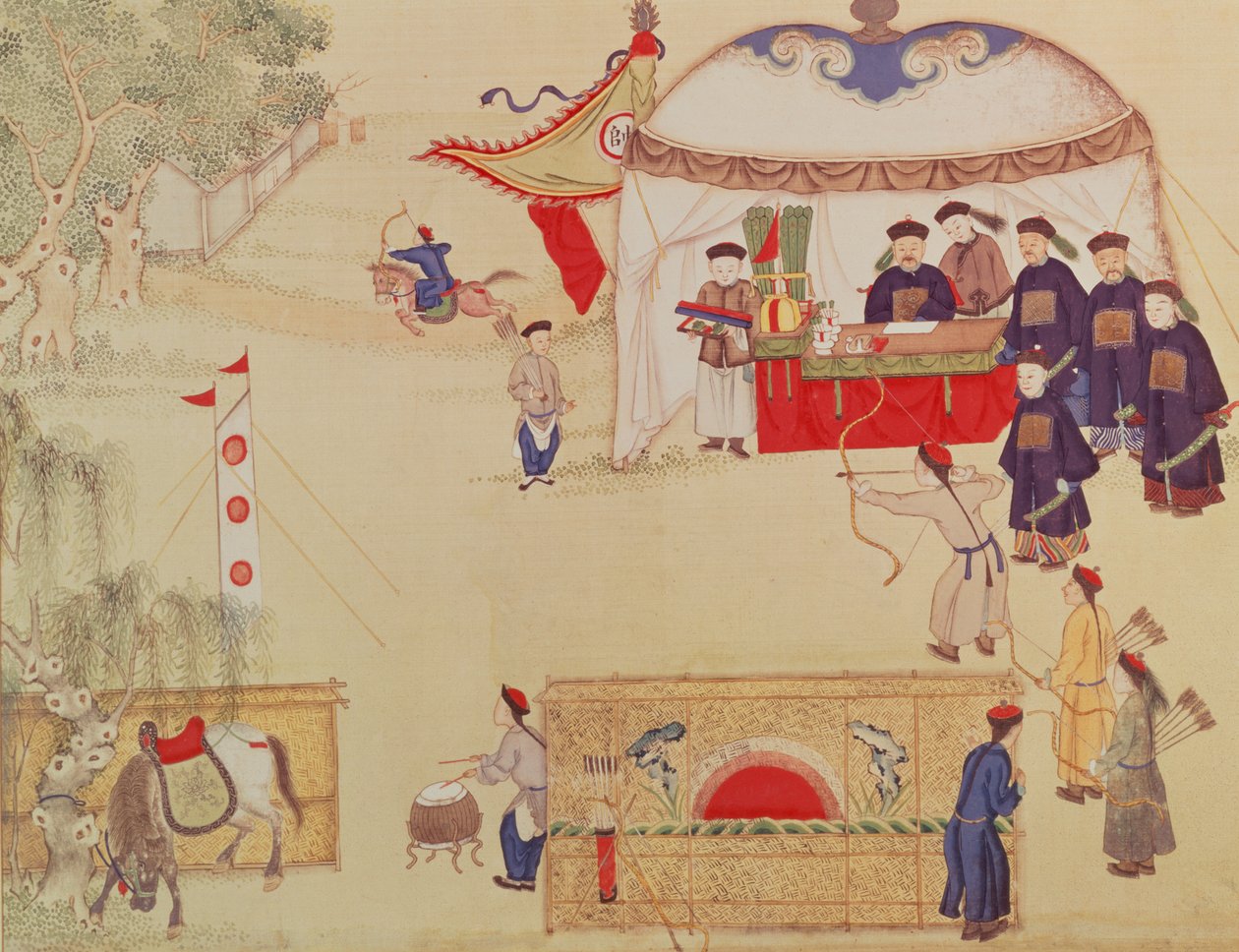Íjászverseny, 18. század vége (színes selyemre) alkotó: Chinese School