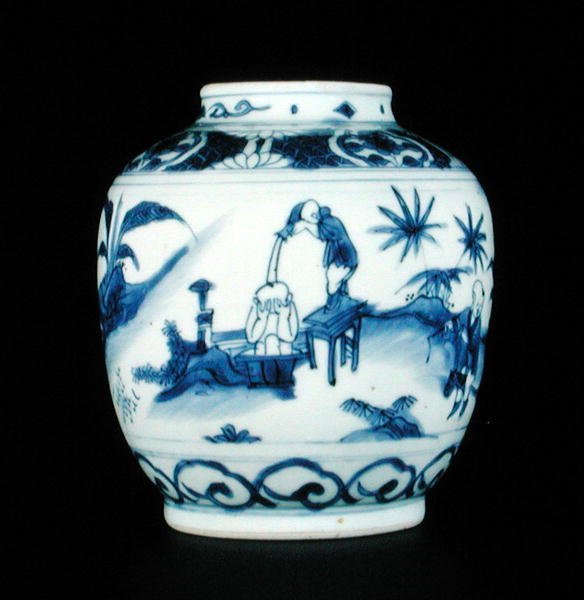 Kék-fehér, fürdőző fiút ábrázoló festett üveg, Wanli vagy Chongzheng, 1600-30 (porcelán) (lásd 206093-206095) alkotó: Chinese School