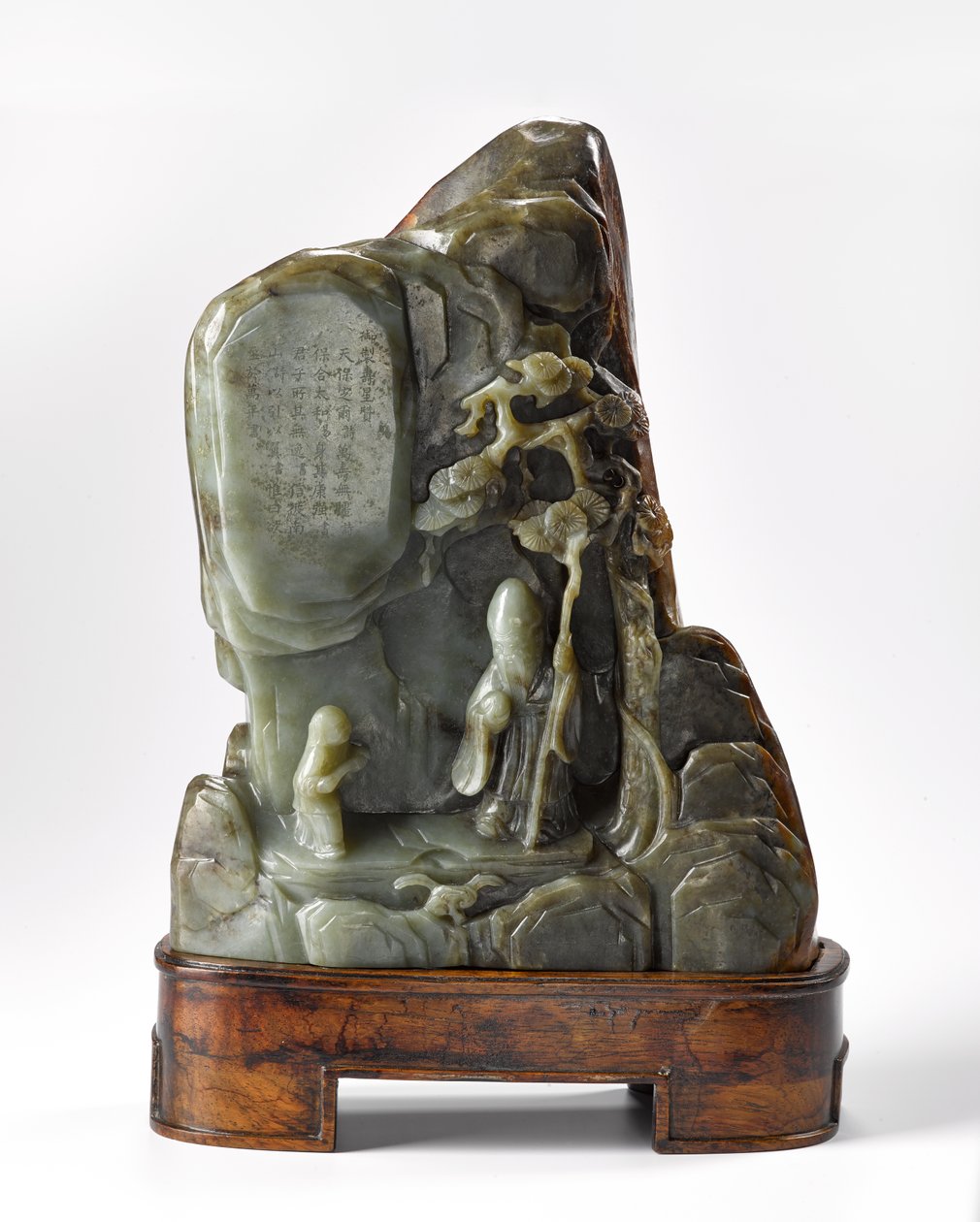 Hegyi táj formájú kefetartó, amely Lao-Zi, a taoizmus, a Qing-dinasztia alapítójának alakját tartalmazza (faragott jáde) alkotó: Chinese School