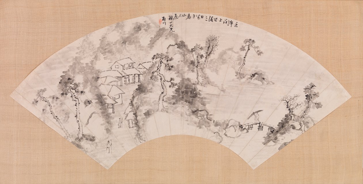 Tájképet ábrázoló legyező, 1600 körül (tinta papíron) alkotó: Chinese School