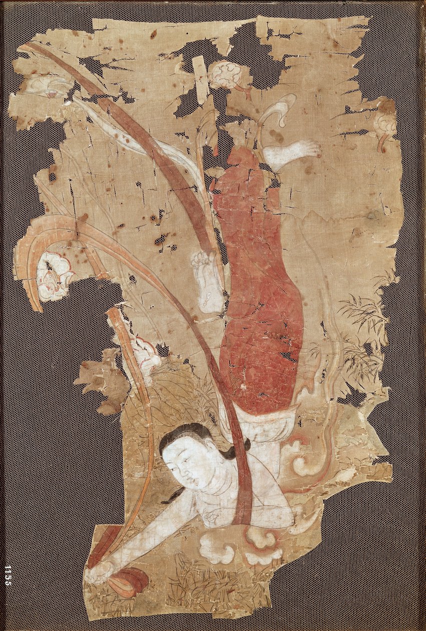 Repülő dzsinn vagy, Apsaras, Dunhuangból, Gansu tartományból, 9-10. század (festmény selyemre) alkotó: Chinese School