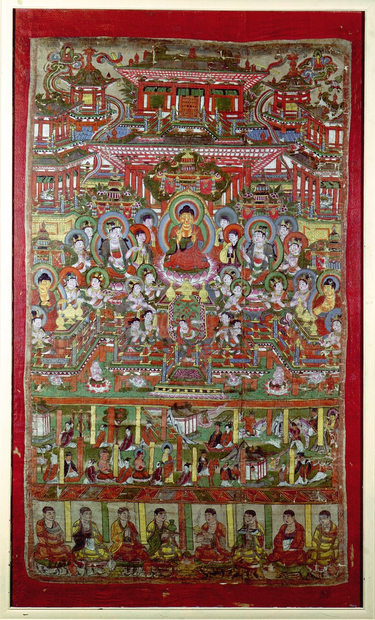 Amitabha paradicsoma, Dunhuang, Gansu tartomány (festett selyem) alkotó: Chinese School