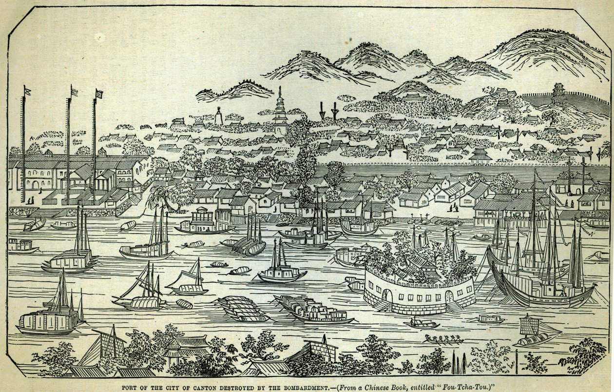 Kanton városának kikötője, amelyet a bombázás megsemmisített, kínai illusztráció a „The Illustrated London News”-ban, 1858 alkotó: Chinese School