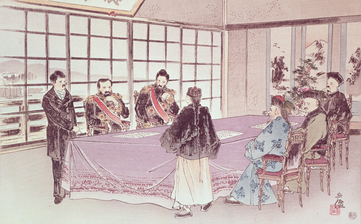 I-Tso és Mou-Tsou japán miniszterek megvitatják Ri-Ko-Sho kínai követtel az 1895. április 16-i Shimonoseki fegyverszünet feltételeit. alkotó: Chinese School