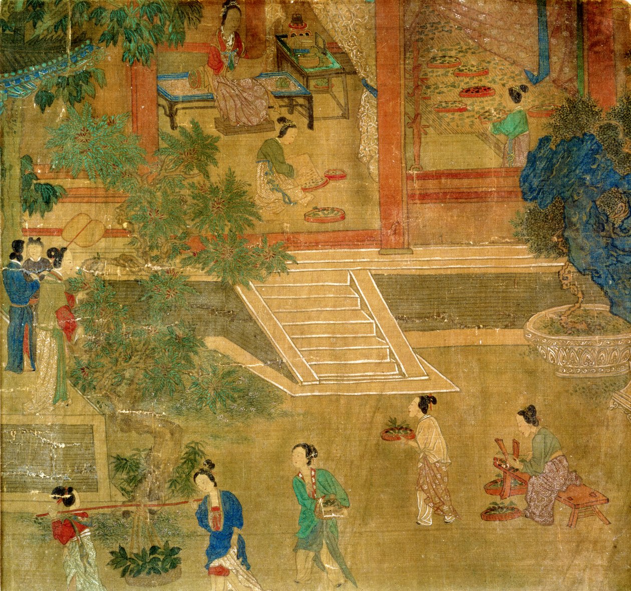Nők leveleket szüretelnek, 1500 (festett selyem) alkotó: Chinese School