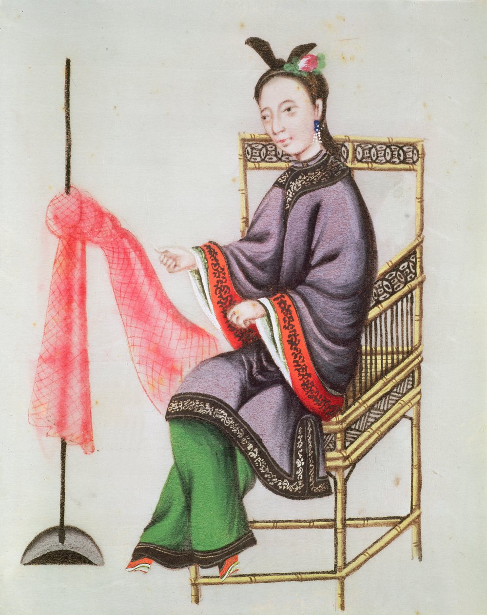 Egy halászhálót készítő kínai nő, Qianlong-korszak (1736-96) (guache papíron) alkotó: Chinese School