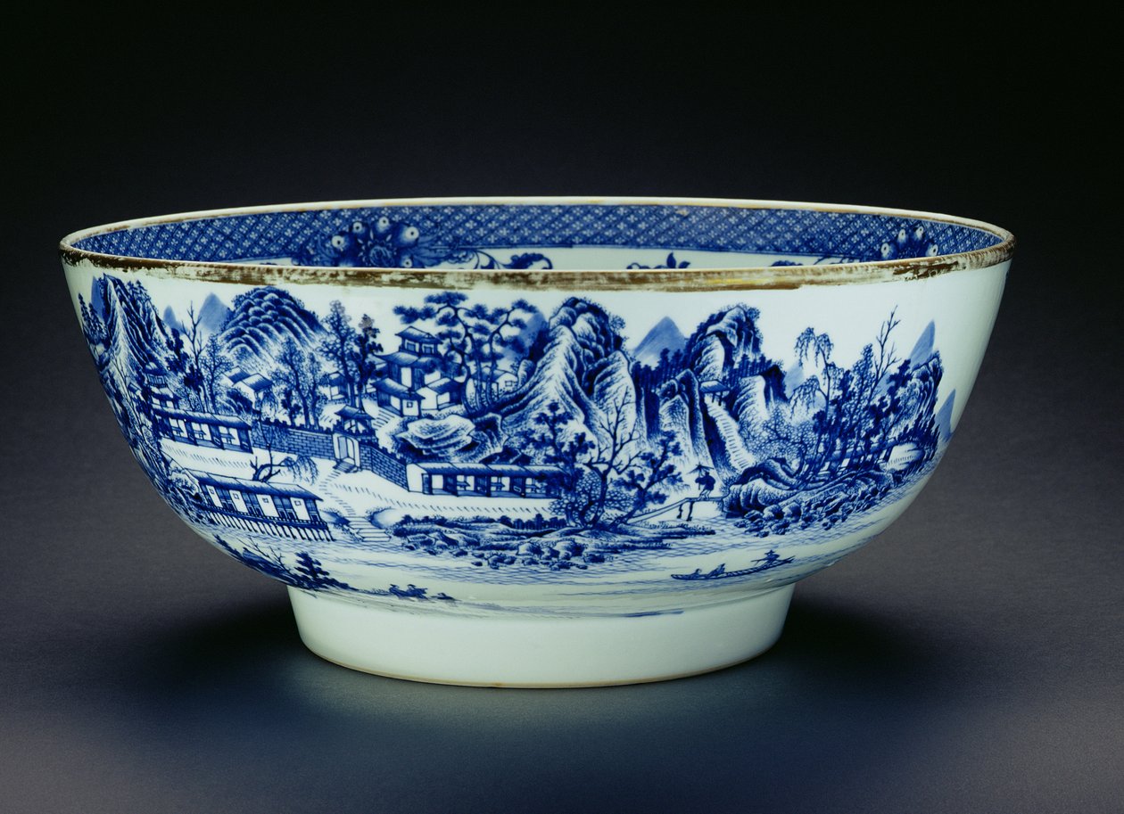 Kék-fehér tál, a porcelán (porcelán) gyártását bemutató jelenettel díszítve (lásd: 208012) alkotó: Chinese School