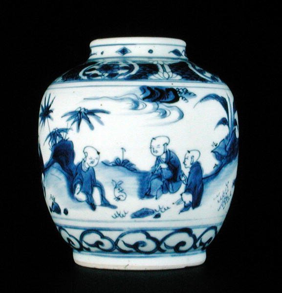Kék-fehér tégely nyúllal festett fiúval, Wanli vagy Chongzheng, 1600-30 (porcelán) (lásd: 206093, 206094, 206096) alkotó: Chinese School