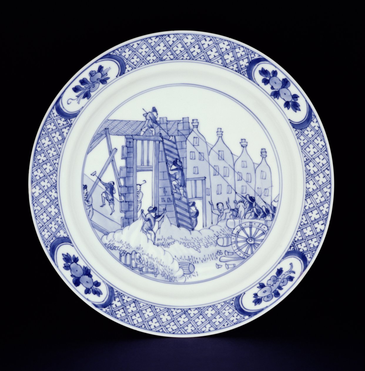 A rotterdami zavargásokat ábrázoló kék-fehér tányér (porcelán) alkotó: Chinese School