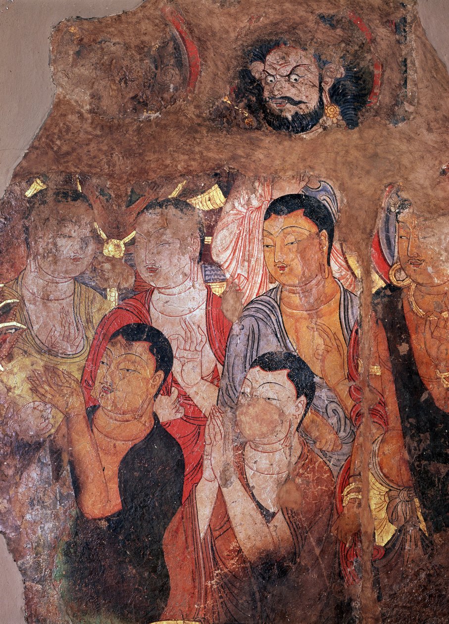 Buddhizmus: "Szerzetesek és Bodhiszattvák csoportja" (vagy bodhiszatta) (Bodhiszattvák és szerzetesek) 8. századi freskótöredék a kínai Shiksha kolostorból. Méret: 144x101 cm Ermitázs Múzeum, Szentpétervár alkotó: Chinese School