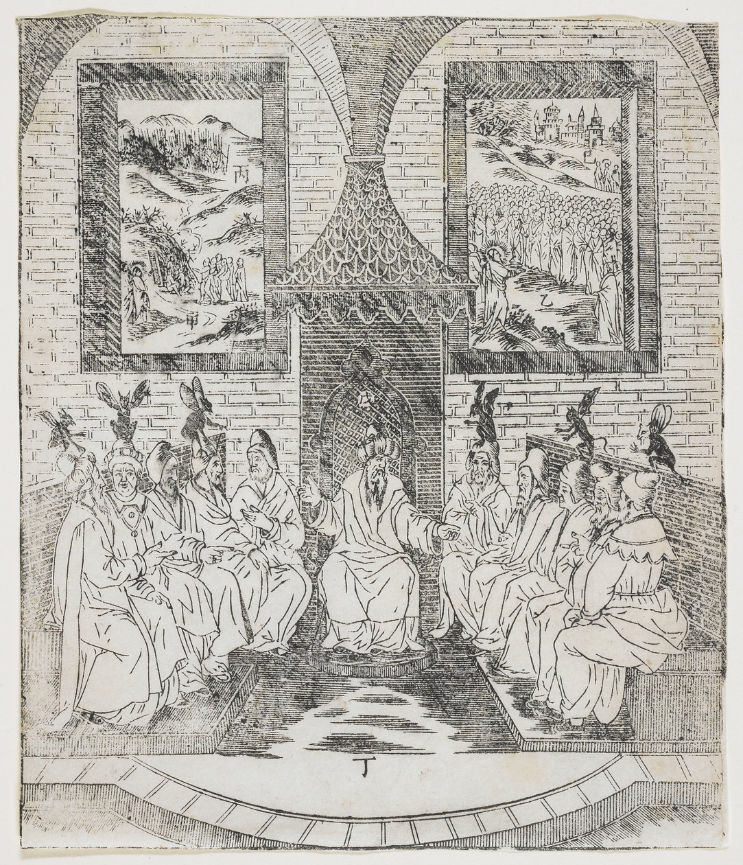 Kajafás és a Vének Tanácsa, Giulio Alenis Tianzhu jiangsheng zhuxiang jingjie (A Menny Urának illusztrált története, aki testben megtestesült) tányérja, Jinjiang Church, Fuji alkotó: Chinese School